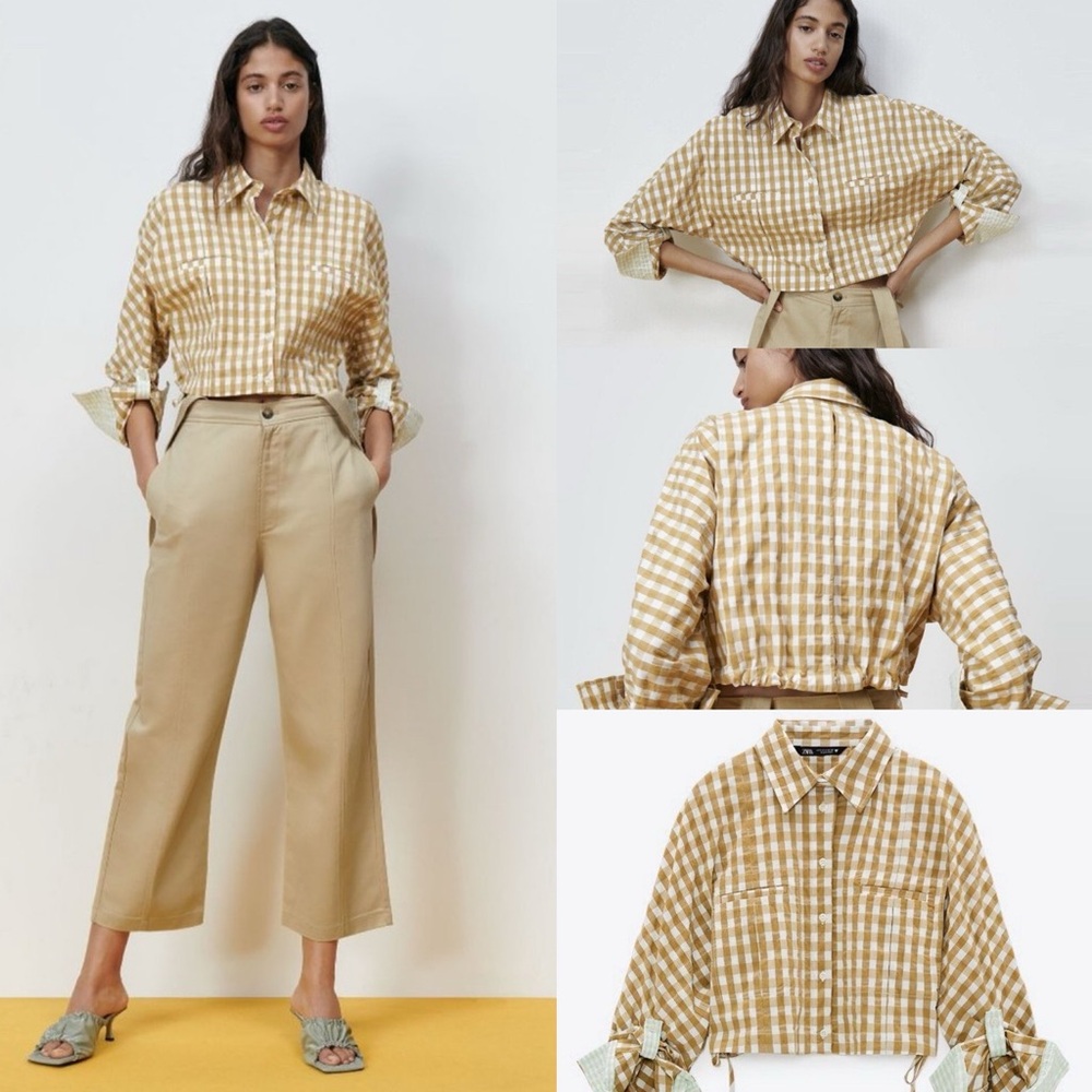 Zara Gingham Cropped Tan And White‎ Shirt /Jacket button front. Size Medium